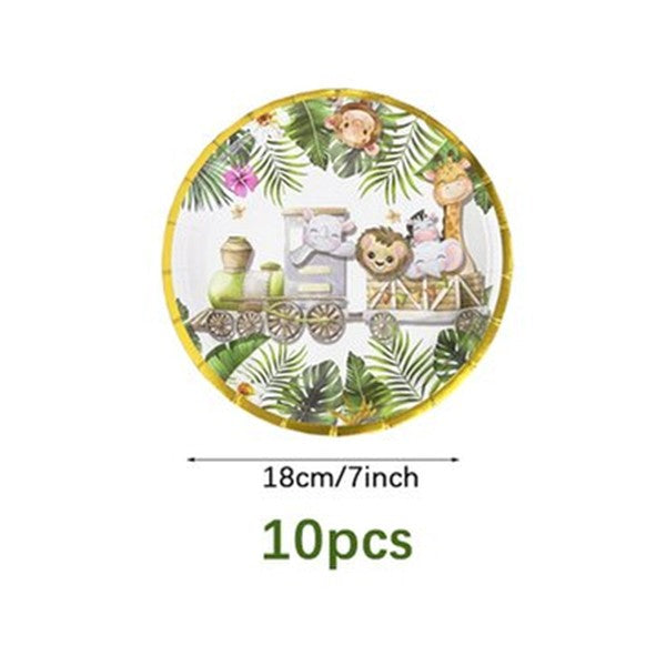 Farfurii Cartonate pentru Petreceri, Vivimall, Farfurii Cartonate de unica Folosinta pentru Zile de Nastere, Model Safari cu Animale, set 10 buc, Diametru 18 cm, Multicolor - vivimall.ro