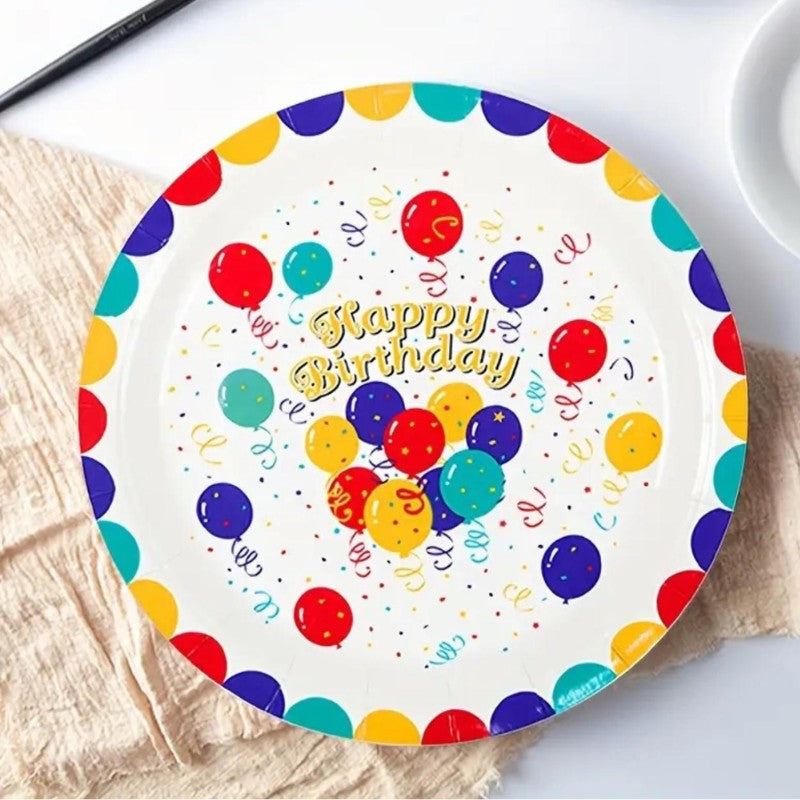 Set 10 Farfurii de Unica Folosinta, Vivimall, din Carton, 23 cm, Model Happy Birthday, Multicolor - vivimall.ro