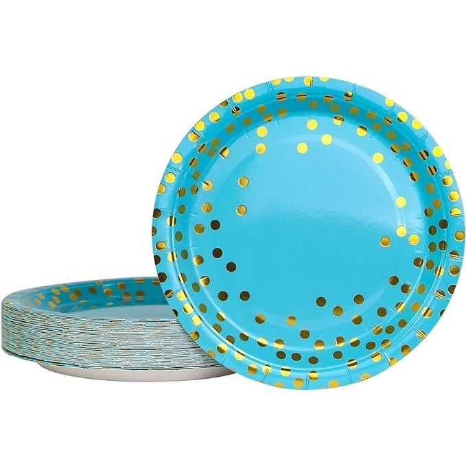 Set 10 Farfurii Unica Folosinta, Vivimall, Imprimeu cu Buline, din Carton, Diametru 23 cm, Albastru/Auriu - vivimall.ro