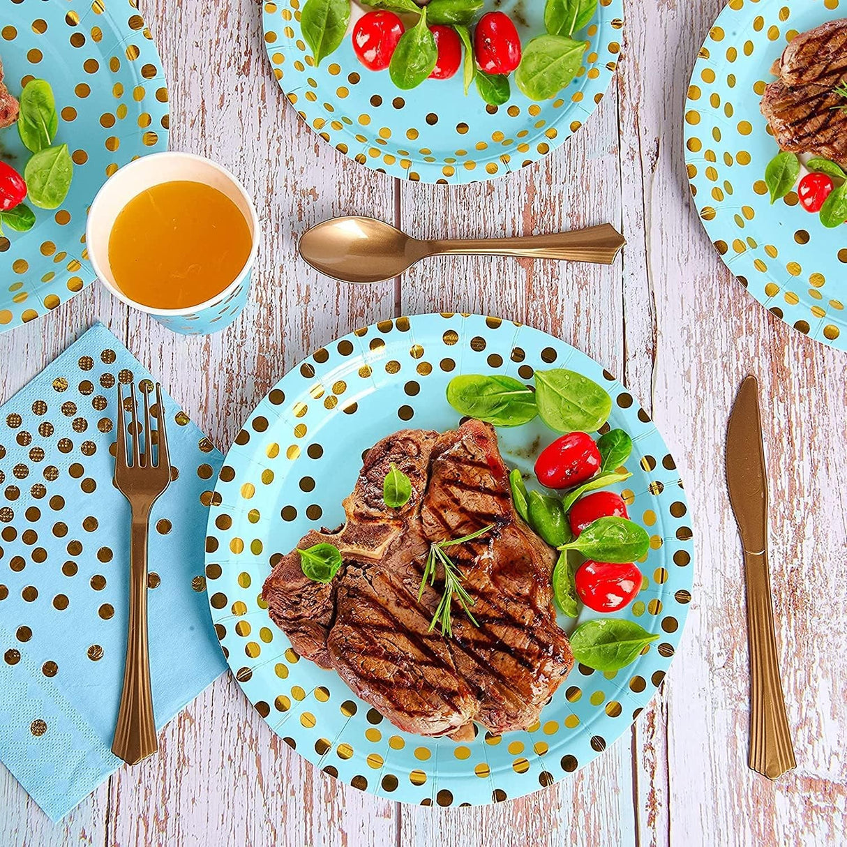 Set 10 Farfurii Unica Folosinta, Vivimall, Imprimeu cu Buline, din Carton, Diametru 23 cm, Albastru/Auriu - vivimall.ro