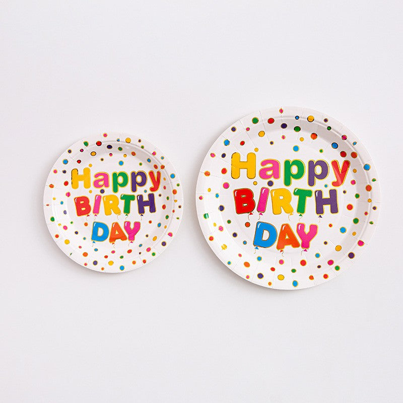 Set 10 Farfurii Unica Folosinta, Vivimall, Imprimeu Happy Birthday, din Carton, Diametru 23 cm, Multicolor - vivimall.ro