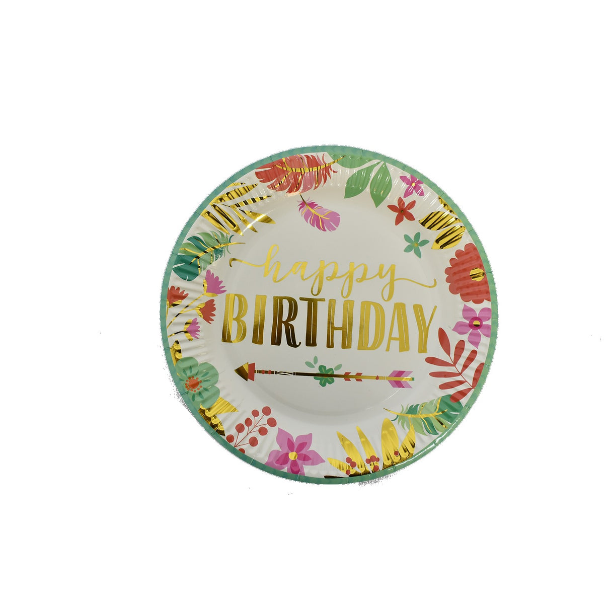 Set 10 Farfurii Unica Folosinta, Vivimall, Imprimeu Happy Birthday Frunze, din Carton, Diametru 18 cm, Multicolor - vivimall.ro