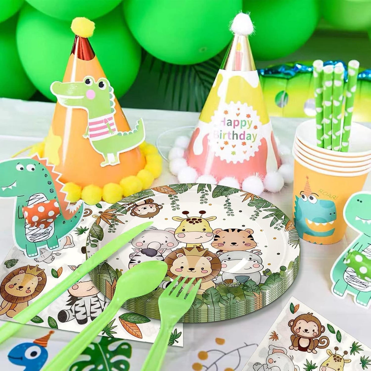 Set 10 Farfurii Unica Folosinta, Vivimall, Imprimeu Jungle, din Carton, 22 cm, Verde - vivimall.ro