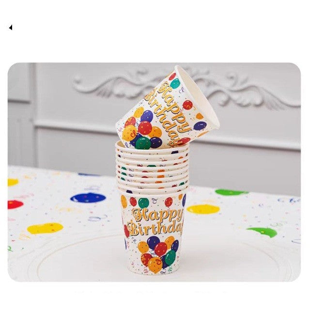 Set 10 Pahare, Vivimall, Imprimeu Happy Birthday, Baloane din Carton, 230 ml, 7.5 x 8.6 cm, Multicolor - vivimall.ro