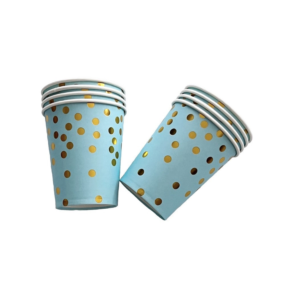 Set 10 Pahare, Vivimall, Imprimeu cu Buline, din Carton, 250 ml, 7.5 x 8.5 x 5.2 cm, Albastru/Auriu - vivimall.ro