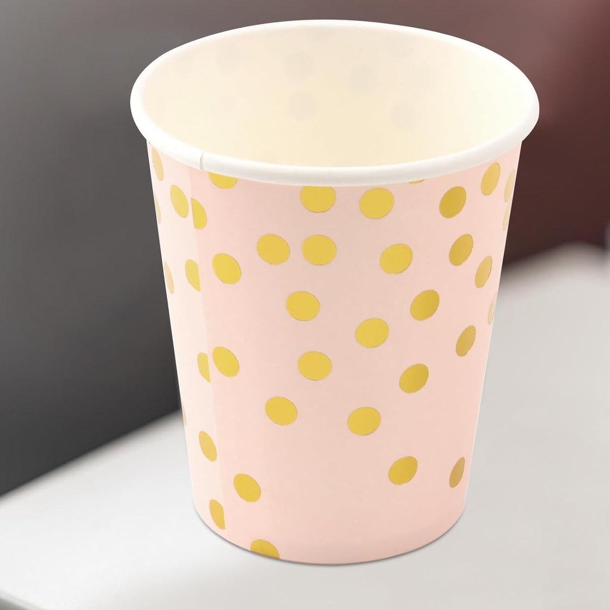 Set 10 Pahare, Vivimall, Imprimeu cu Buline, din Carton, 250 ml, 7.5 x 8.5 x 5.2 cm, Roz/Auriu - vivimall.ro