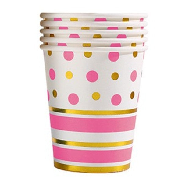 Set 10 Pahare, Vivimall, Imprimeu cu Buline si Dungi, din Carton, 250 ml, 7.5 x 8.5 x 5.2 cm, Roz/Auriu - vivimall.ro