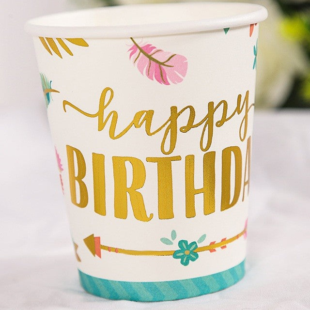 Set 10 Pahare, Vivimall, Imprimeu Happy Birthday Gold, din Carton, 250 ml, 7.5 x 8.5 x 5.2 cm, Multicolor - vivimall.ro