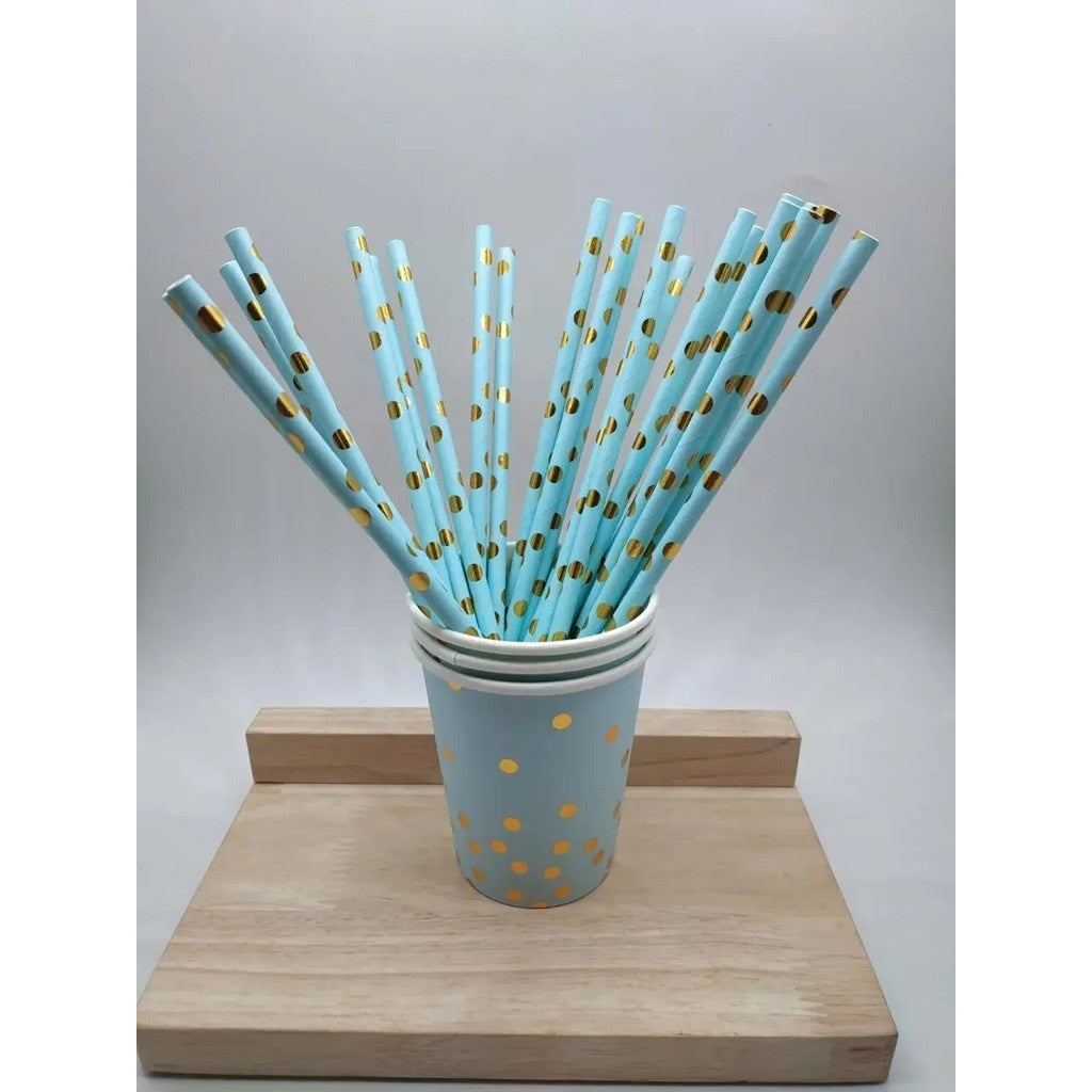 Set 10 Paie, Vivimall, din Hartie, 19.5 cm, Model cu Buline Aurii, Albastru - vivimall.ro