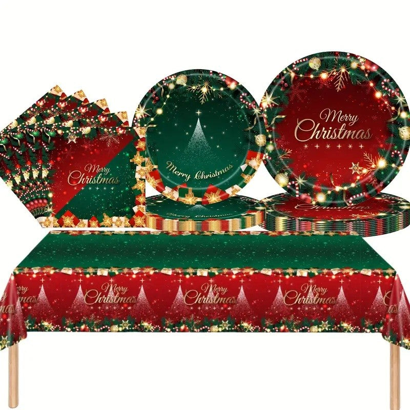 Set 119 Piese, Vivimall, pentru Masa de Craciun, Farfurii 18 cm, Farfurii 23 cm, Pahare, Servetele, Tacamuri, Fata de Masa, Ghirlanda, Paie, Rosu/Verde - vivimall.ro