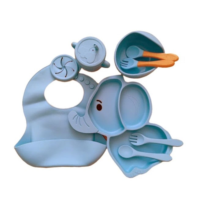 Set 10 Piese Servire Masa. Vivimall, pentru Bebelusi si Copii, din Silicon/Lemn, cu Ventuze Anti-alunecare, fara Alergeni. +6 Luni, Model Elefant, Albastru Deschis - vivimall.ro