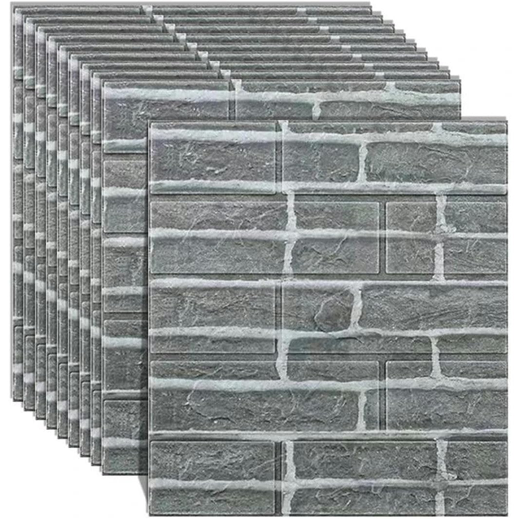 Set 10 Placi Tapet 3D, Vivimall, 35 x 38 cm, Grosime 3 mm, din Polietilena, Model Caramida, Suprafata acoperita 1.33 mp, Gri - vivimall.ro