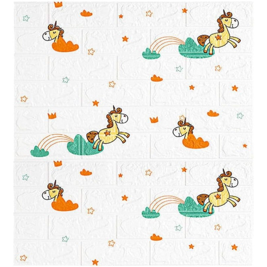 Set 10 Placi Tapet 3D, Vivimall, 70 x 77 cm, Grosime 3 mm, din Polietilena, Tip Caramida, Model Unicorni, Suprafata acoperita 5.3 mp, Alb - vivimall.ro