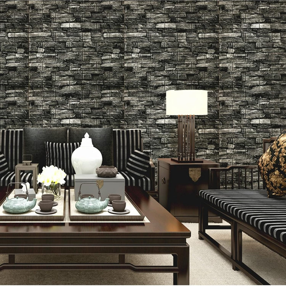 Set 10 Placi Tapet 3D, Vivimall, 70 x 77 cm, Grosime 3 mm, din Polietilena, Model Caramida, Suprafata acoperita 5.3 mp, Gri Inchis - vivimall.ro