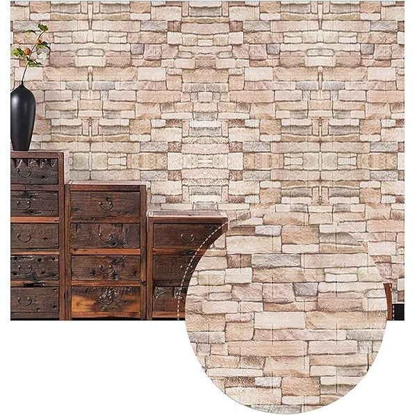 Set 10 Placi Tapet 3D, Vivimall, 70 x 77 cm, Grosime 3 mm, din Polietilena, Model Caramida, Suprafata acoperita 5.3 mp, Bej - vivimall.ro