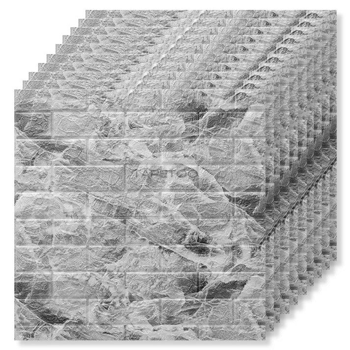 Set 10 Placi Tapet 3D, Vivimall, 70 x 77 cm, Grosime 3 mm, din Polietilena, Model Caramida, Suprafata acoperita 5.3 mp, Marmura Gri - vivimall.ro