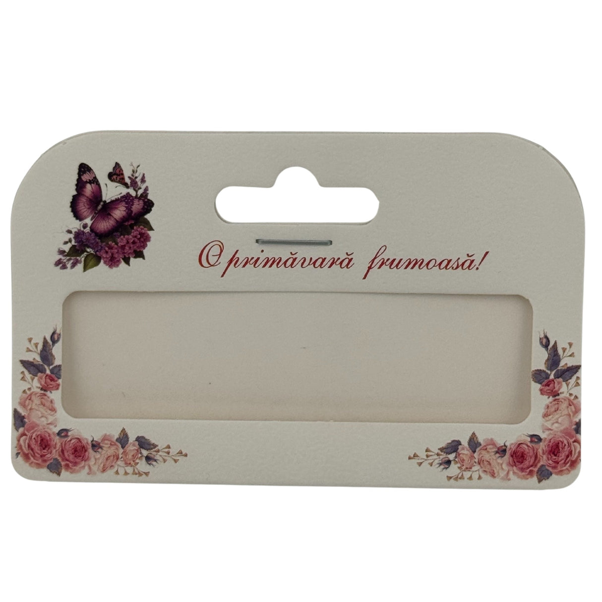 Cutie carton mărțișor model fluturi mov, detaliu design decorativ față și interior