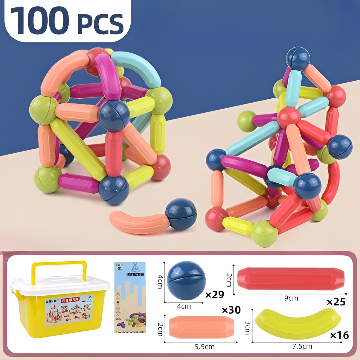 Set 100 Piese Magnetice de Constructie, Vivimall, Magnetic Sticks, Bastonase si Bile, 3 Ani, ABS, Magnet, 24 x 18.5 x 14 cm, Multicolor - vivimall.ro