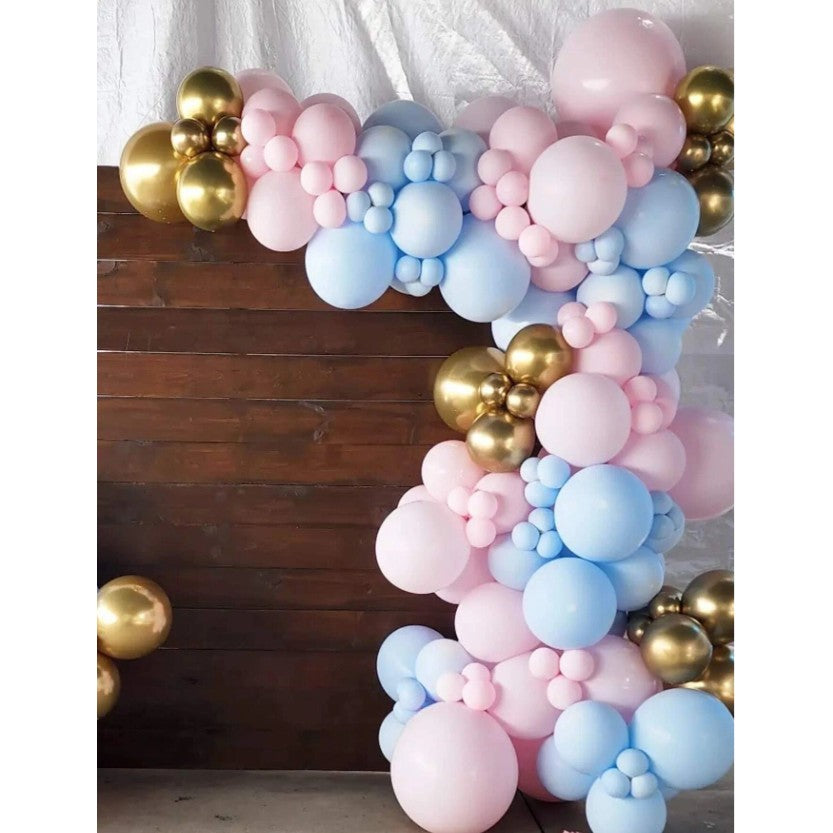 Baloane decorative pentru BABY SHOWER, Vivimall, Arcada Set 106 baloane din latex, Model Petrecere, Baloane Party, 12 cm, 30 cm, 45 cm, Roz, Albastru, Gold - vivimall.ro