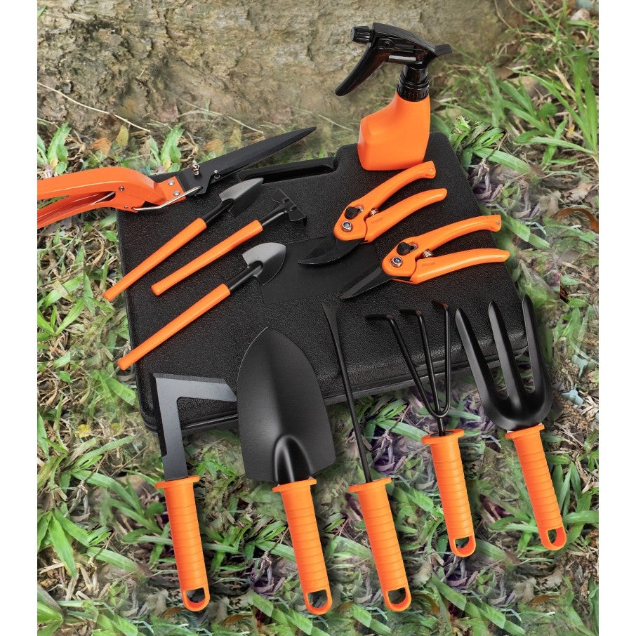 Set 12 accesorii pentru gradinarit Vivimall, geanta depozitare inclusa, otel inoxidabil, 37 x 27 cm, portocaliu - vivimall.ro