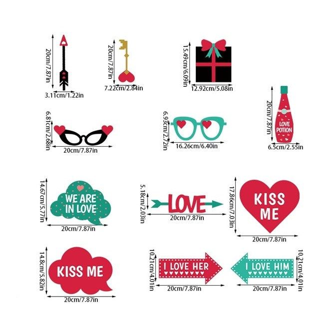Set 12 Accesorii pentru Petrecere, Vivimall, Props pentru Photo Corner, Tematica Iubire, Multicolor - vivimall.ro