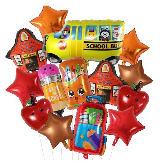 Baloane decorative Back to School, Vivimall, Set MIX 12 baloane, Autobuz Mere Stele Rechizite, din folie de aluminiu, 40 x 80 cm, Adeziv si pai inclus, Rosu Multicolor - vivimall.ro