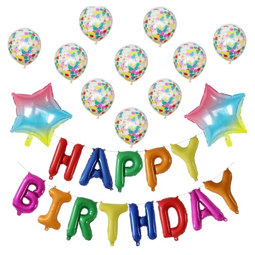 Set 12 Baloane si 1, Set pentru Aniversare, mesaj Happy Birthday, din folie de aluminiu, 30 -45 cm, Cu paiete, latex si folie, Multicolor - vivimall.ro