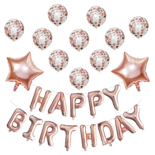 Set 12 Baloane si 1, Set pentru Aniversare, mesaj Happy Birthday, din folie de aluminiu, 30 -45 cm, Cu paiete, latex si folie, Rose Gold - vivimall.ro