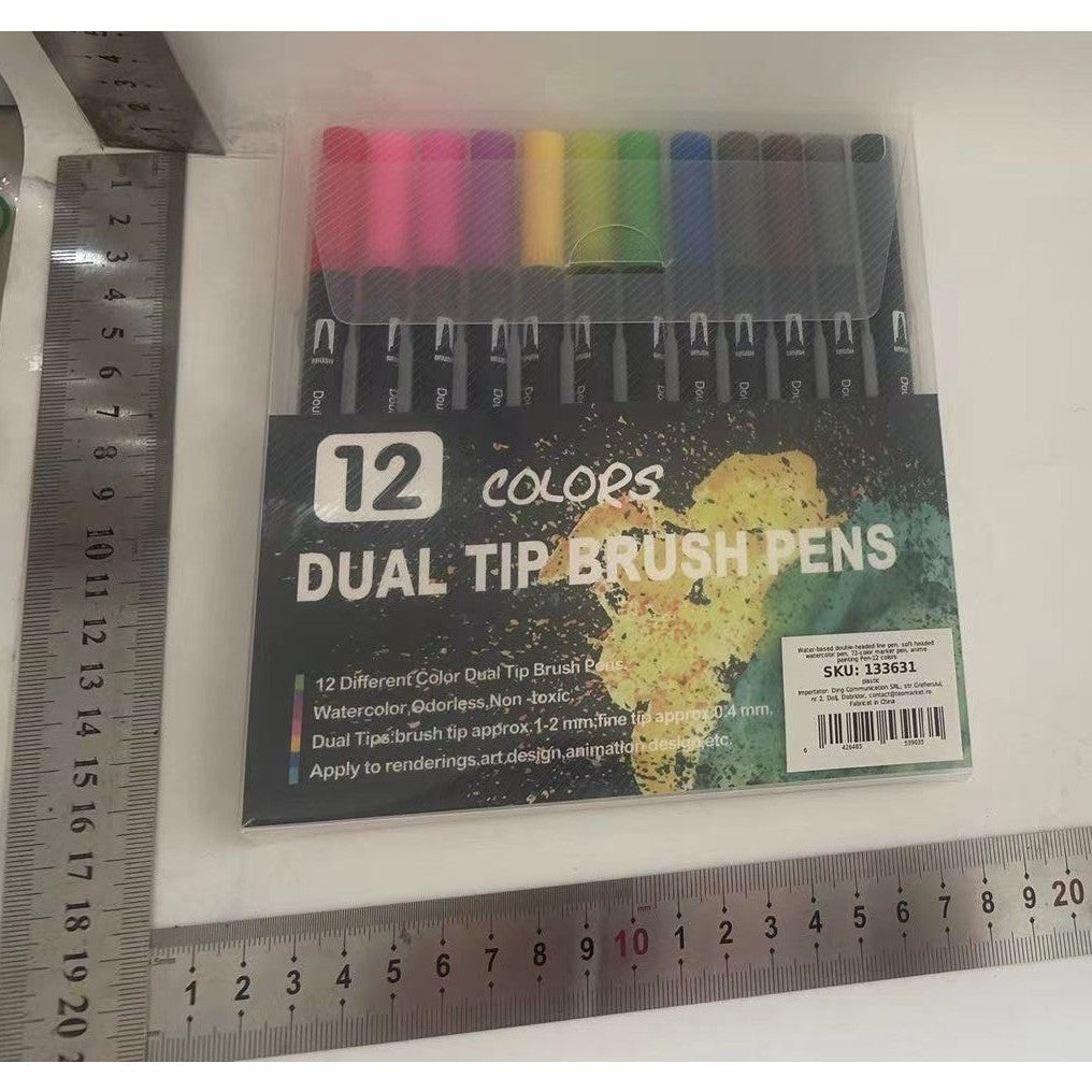 Set 12 Carioci, Vivimall, pe Baza de Apa, 2 Tipuri de Varf, 1-2 mm, 0.4 mm, Corp Carioca Negru, din Plastic, Multicolor - vivimall.ro