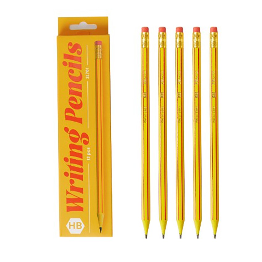 Set 12 Creioane Negre, Vivimall, HB, pentru Scoala, cu Radiera, Model Portocaliu-Rosu, 19 cm - vivimall.ro