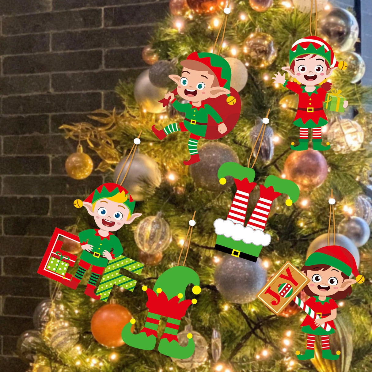 Set 12 Decoratiuni de Craciun din Lemn, Vivimall, cu Snur pentru Agatare in Brad, Model Elfi Diferite Dimensiuni, 4 Modele, Multicolor - vivimall.ro