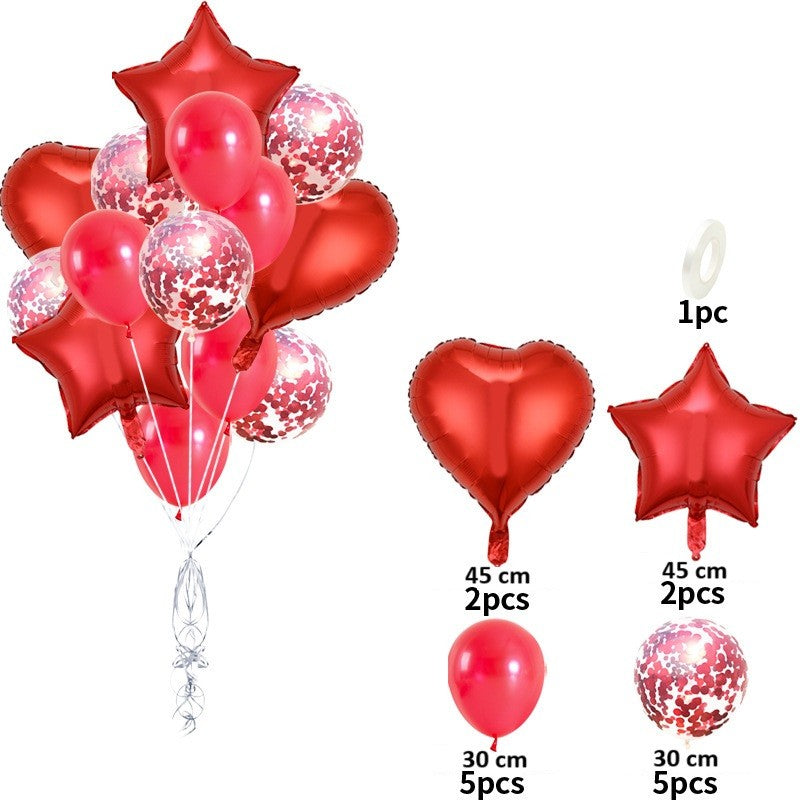 Set 14 Baloane din Folie Metalizată si din Latex, Vivimall, Figurine Stea si Inima 45 cm, Baloane Latex 30 cm, Tema Buchet, Ambalaj Individual, Pai Inclus, Umflare cu Aer sau Heliu, Rosu - vivimall.ro