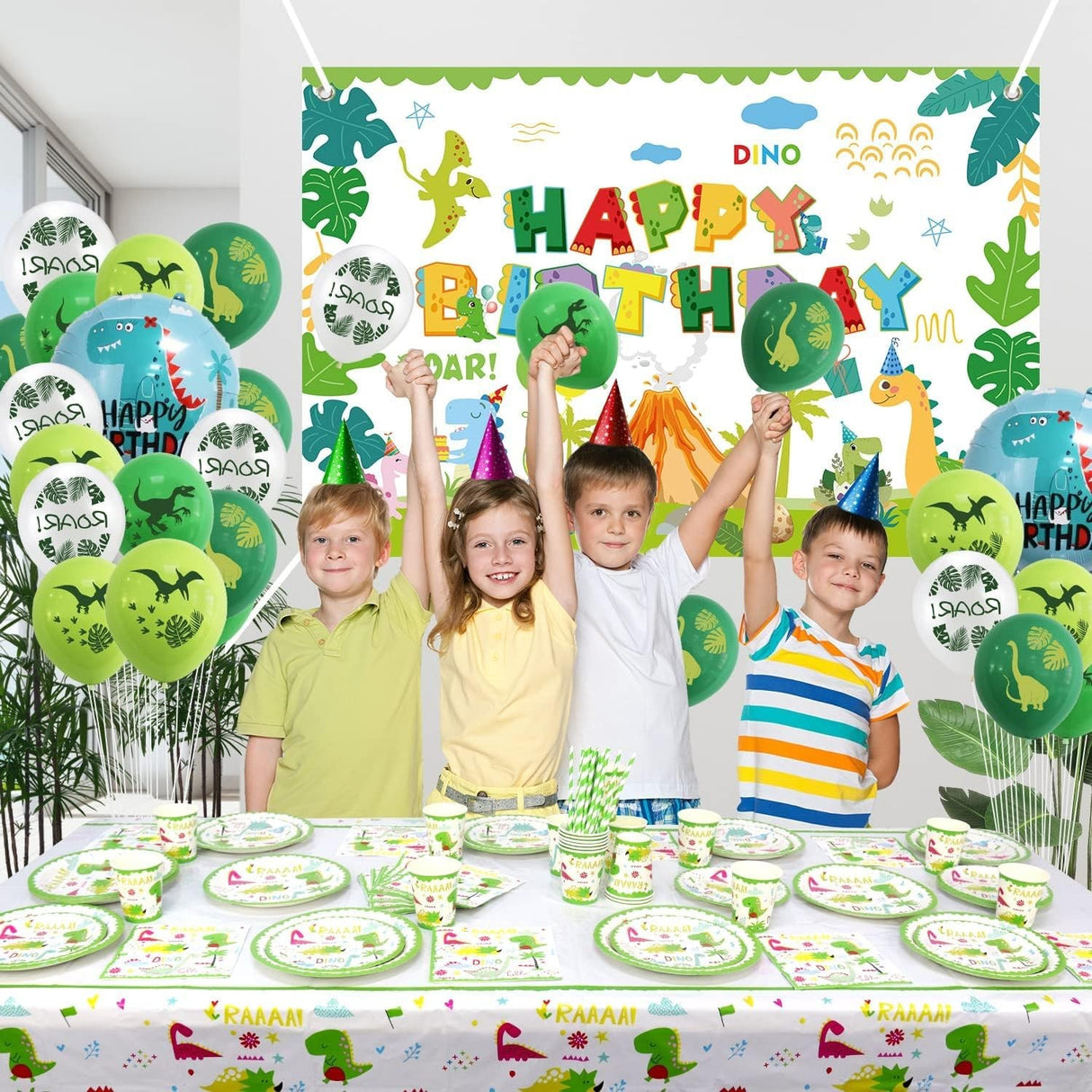 Set 16 Accesorii de Masa, Vivimall, Colectia Dino Park, 136 Piese, din Carton/Plastic/Hartie, Multicolor - vivimall.ro