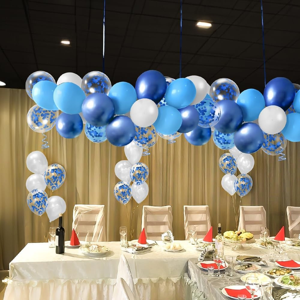 Set 16 Baloane din Latex Metalizate, Vivimall, Model Party, 30 cm, Alb, Albastru, Albastru Chrome, Transparent Confetti 2.8 g - vivimall.ro