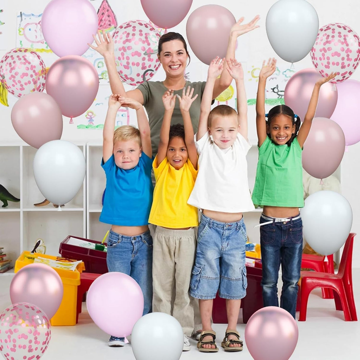 Set 16 Baloane din Latex Metalizate, Vivimall, Model Party, 30 cm, Alb, Roz, Roz Chrome, Transparent Confetti 2.8 g - vivimall.ro