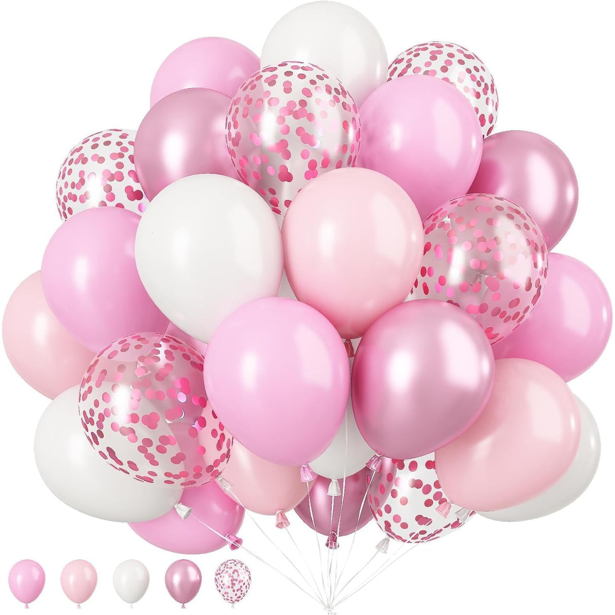 Set 16 Baloane din Latex Metalizate, Vivimall, Model Party, 30 cm, Alb, Roz, Roz Chrome, Transparent Confetti 2.8 g - vivimall.ro