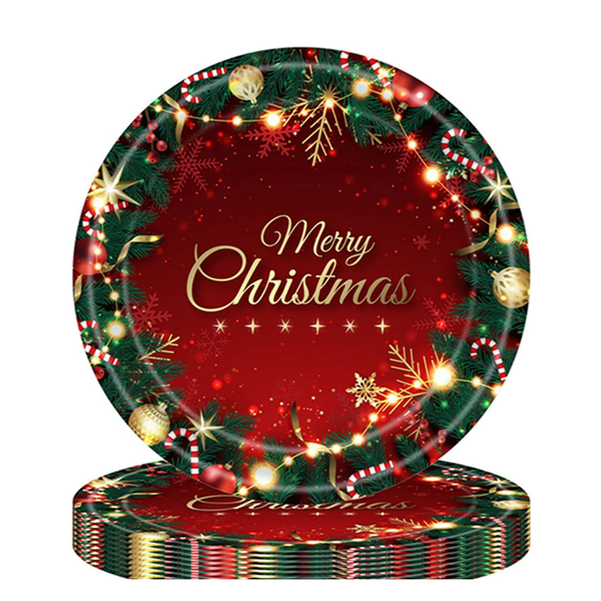Set 16 Farfurii de Unica Folosinta, Vivimall, Model Merry Christmas, Tematica Craciun, 23 cm, Rosu/Verde - vivimall.ro