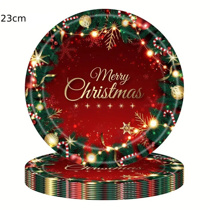 Set 16 Farfurii de Unica Folosinta, Vivimall, Model Merry Christmas, Tematica Craciun, 23 cm, Rosu/Verde - vivimall.ro