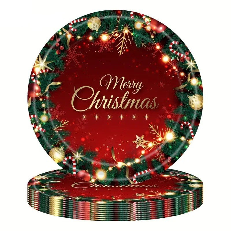 Set 16 Farfurii de Unica Folosinta, Vivimall, Model Merry Christmas, Tematica Craciun, 23 cm, Rosu/Verde - vivimall.ro