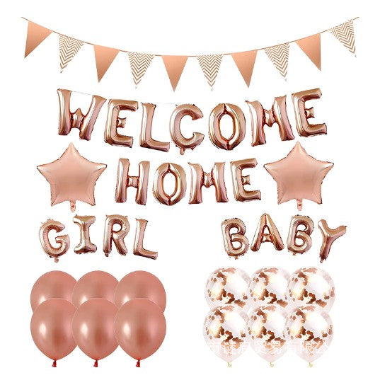 Set baloane folie si latex, Vivimall, WELCOME HOME, 16 piese, 12 baloane latex, 2 baloane folie, 1 set Welcome Home Baby Girl,1 Banner, Rose gold - vivimall.ro