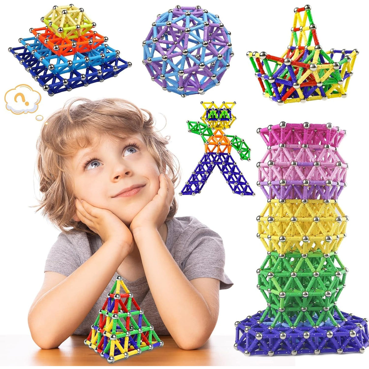Construcție 3D realizată cu bețișoare magnetice Vivimall 178 piese, structură geometrică colorată