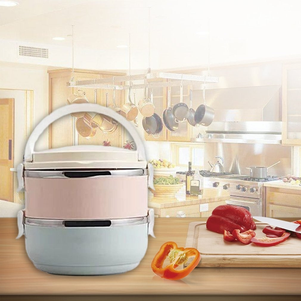 Set 2 Caserole pentru alimente Vivimall, lunch box, 1400 ml, otel inoxidabil, maner, valva aerisire, 15.5 x 15 cm, inchidere etansa, multicolor - vivimall.ro