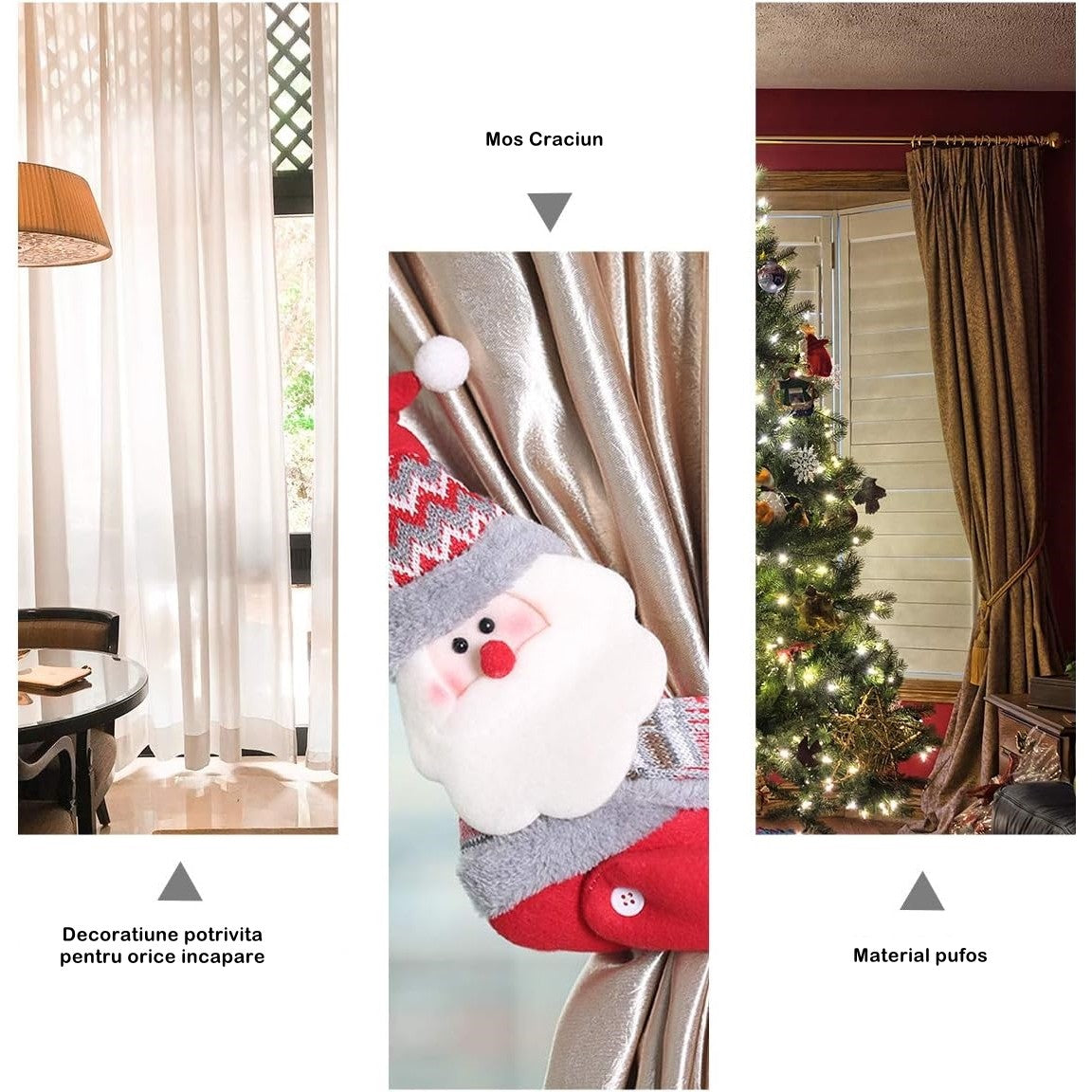 Clema pentru perdea, Vivimall, prindere cu arici, model Mos Craciun pe partea stanga, material textil/poliester, 53 x 23 cm, Multicolor - vivimall.ro