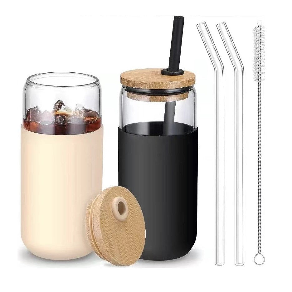 Set 2 Pahare din Sticla Termoizolante Transparente, Vivimall, Capace si Paie Incluse, 500 mL, Silicon Negru si Crem - vivimall.ro