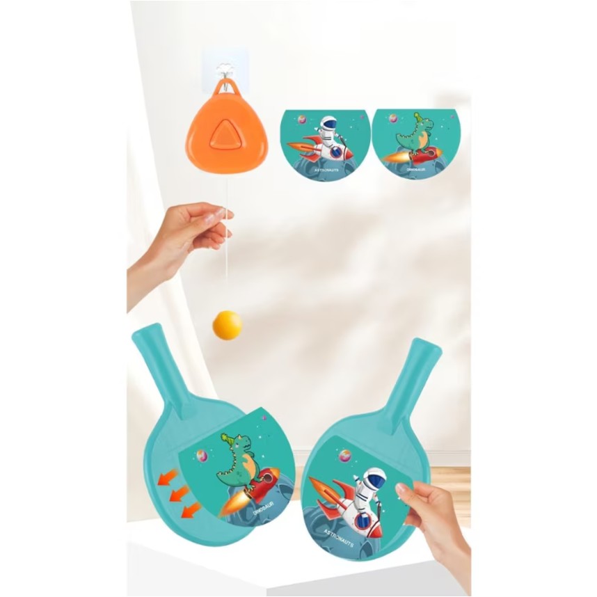 Set 2 Palete de Tenis de Masa, Vivimall, pentru Copii, Design Animat, Tematica Astronauti, Accesoriu de Agatat Inclus si 4 Mingi, Albastru - vivimall.ro