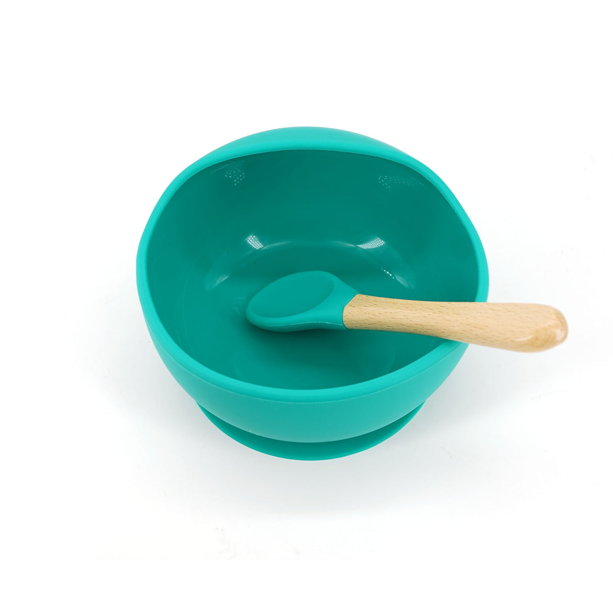 Set 2 piese diversificare bebelusi si copii din silicon Vivimall, bol cu ventuza, lingurita din lemn si silicon, pentru gustari, fara alergeni, verde - vivimall.ro