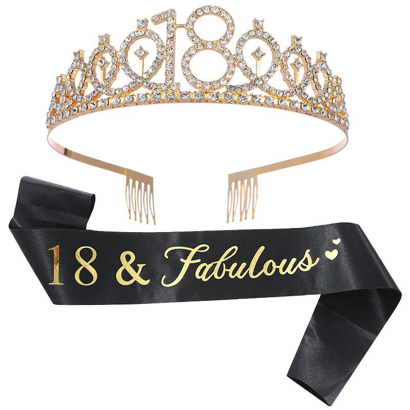 Set 2 Piese pentru Majorat, Vivimall, 15 x 13 x 5 cm, Coronita Printesa Gold si Panglica 18&Fabulous, Negru - vivimall.ro