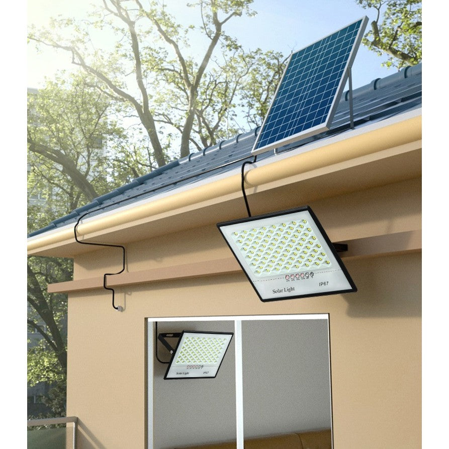 Set 2 proiectoare LED cu Panou Solar Vivimall, Senzor de miscare, Telecomanda, Waterproof, 322*2 LED-uri incorporate, 200W, 30*24 cm, IP67, Design Modern, Negru - vivimall.ro