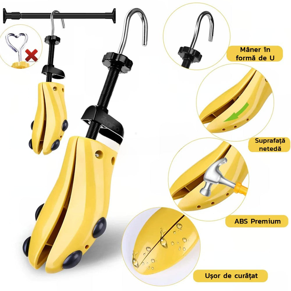 Set 2 Sanuri/Calapoade Reglabilile, Flippy, pentru Alungit si Largit Pantofi, Geanta si Incaltator Incluse, Universale, Unisex, din ABS Premium, Arc, Marime 35 - 42, Galben/Negru - vivimall.ro