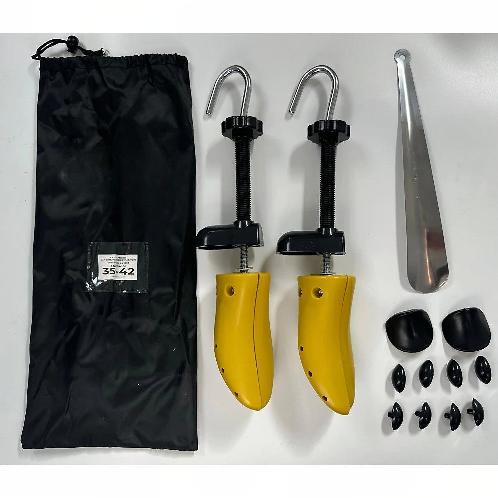 Set 2 Sanuri/Calapoade Reglabilile, Flippy, pentru Alungit si Largit Pantofi, Geanta si Incaltator Incluse, Universale, Unisex, din ABS Premium, Arc, Marime 35 - 42, Galben/Negru - vivimall.ro